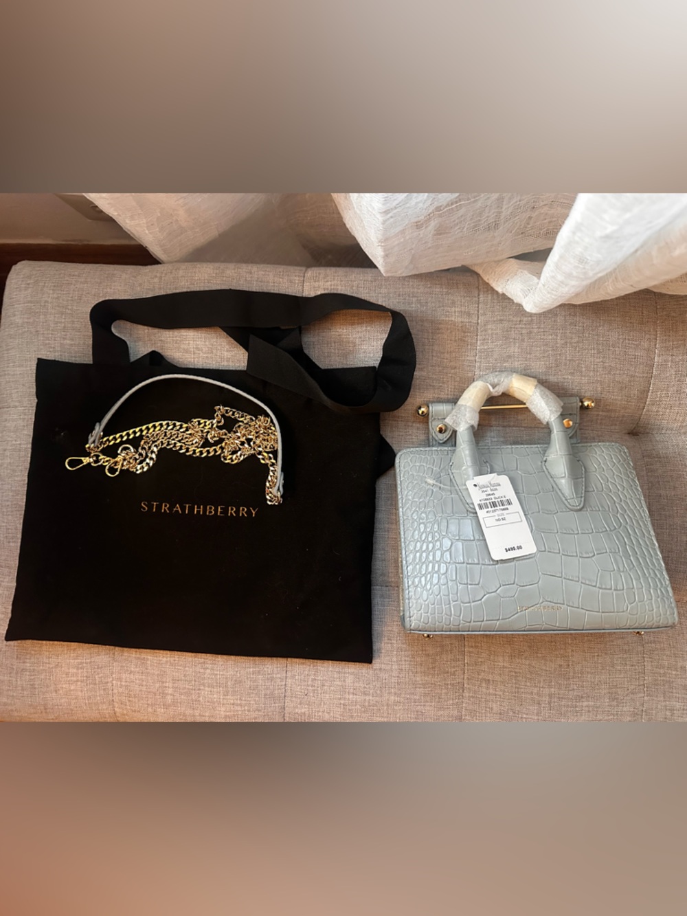 Strathberry Duck Egg Blue Croc Embossed Top Handle Nano Tote NWT - Picture 2 of 14